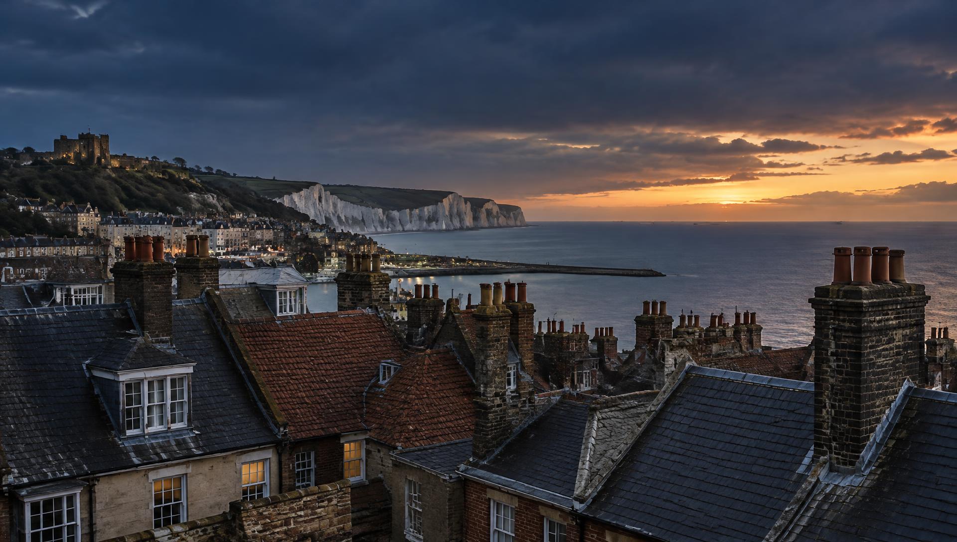 Slate and clay tile rooftops of Dover at dusk with the white cliffs behind
