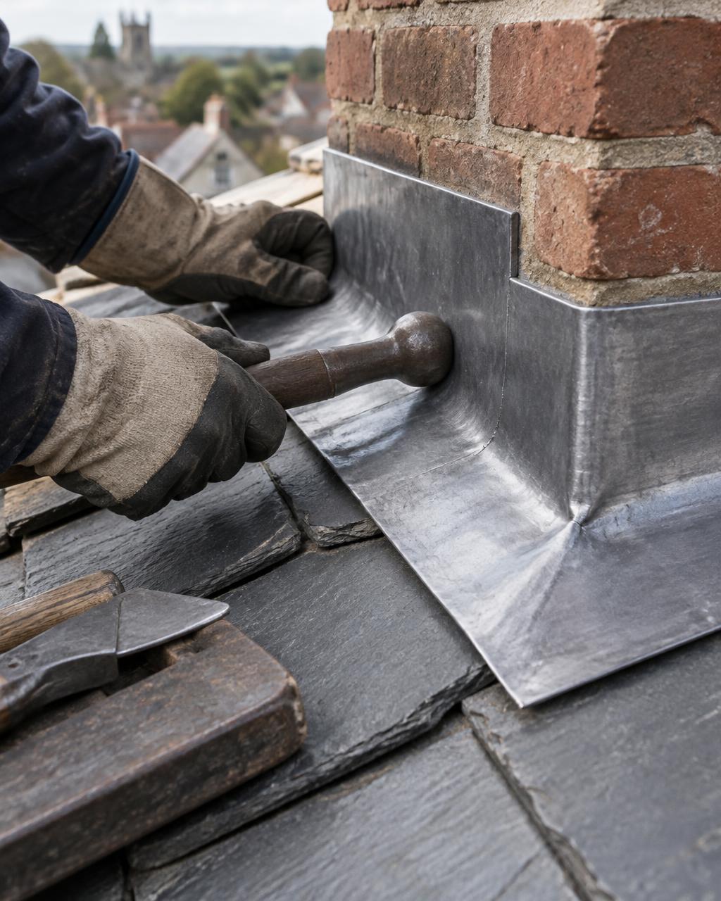 Lead flashing being hand-dressed around a chimney on a slate roof